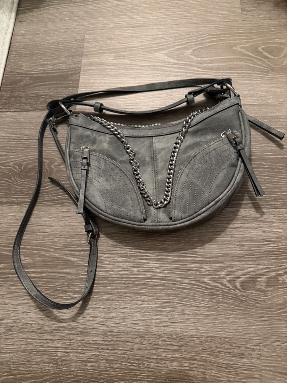 Aldo Gray Suede Crescent Shoulder Bag with Chain